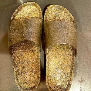 JCREW glitter pool slides.